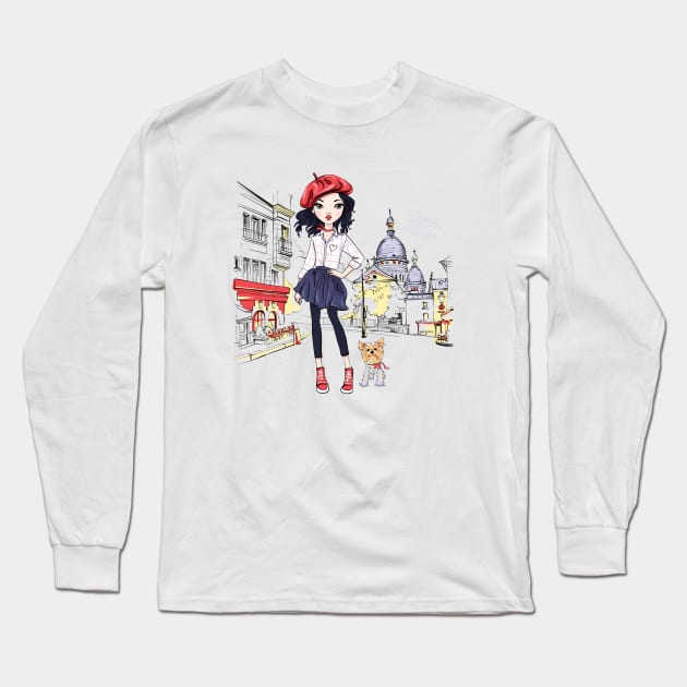 Fashion girl with dog in Paris Long Sleeve T-Shirt by kavalenkava